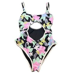 Womens M Tropical Floral Cutout One Piece Swimsuit Black Pink High Cut Barbie